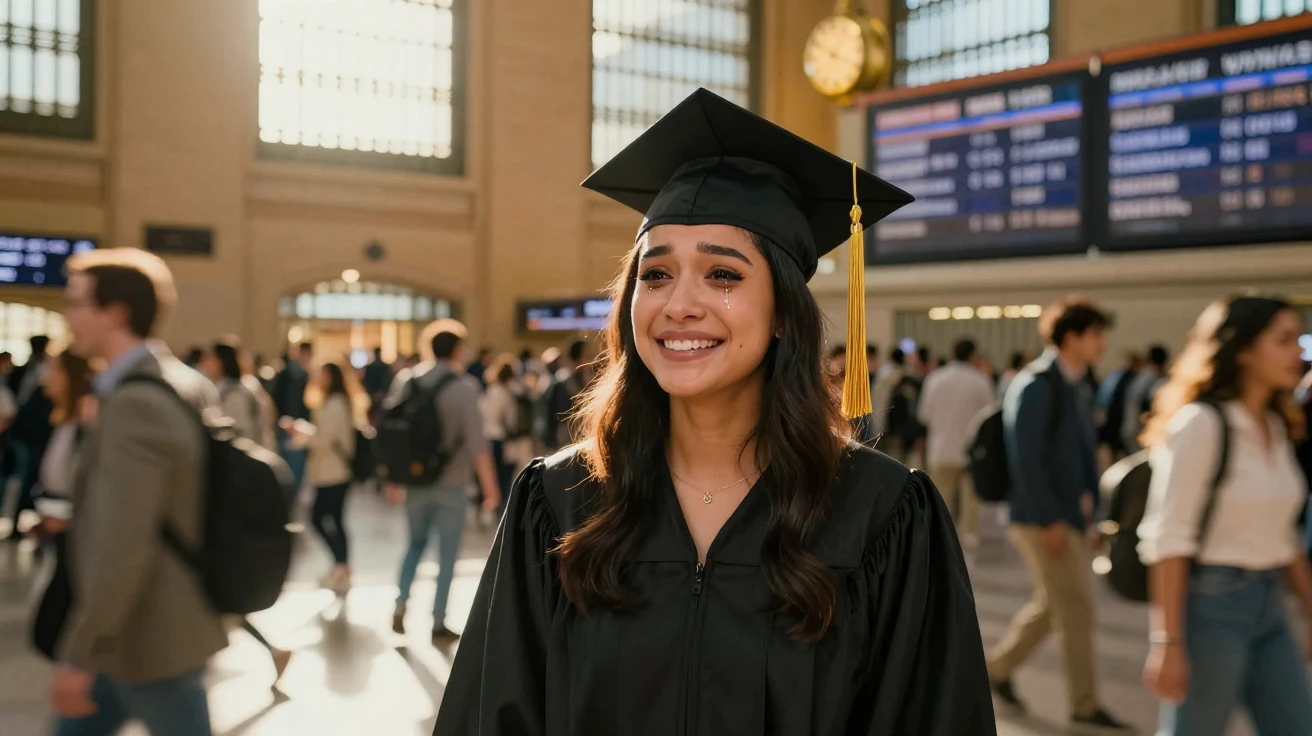 A hopeful graduate smiling through happy tears in a crowded train station
