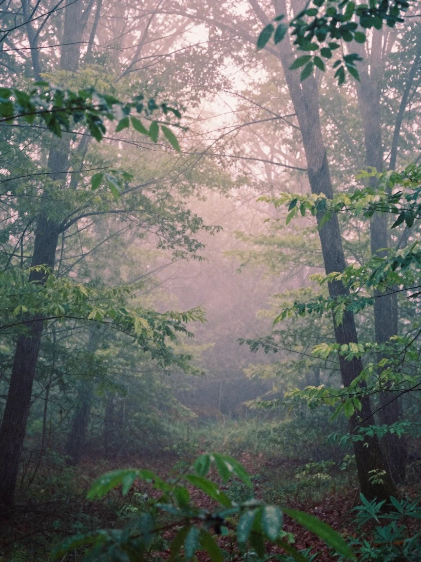 A quiet forest shrouded in thick morning mist, in soft window light, amid a steady rain, in early spring, in soft muted pastels, peering through foliage in the foreground.