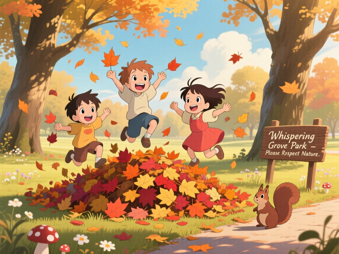A autumn scene of children jumping into a pile of raked leaves, with a gentle breeze stirring the scene.