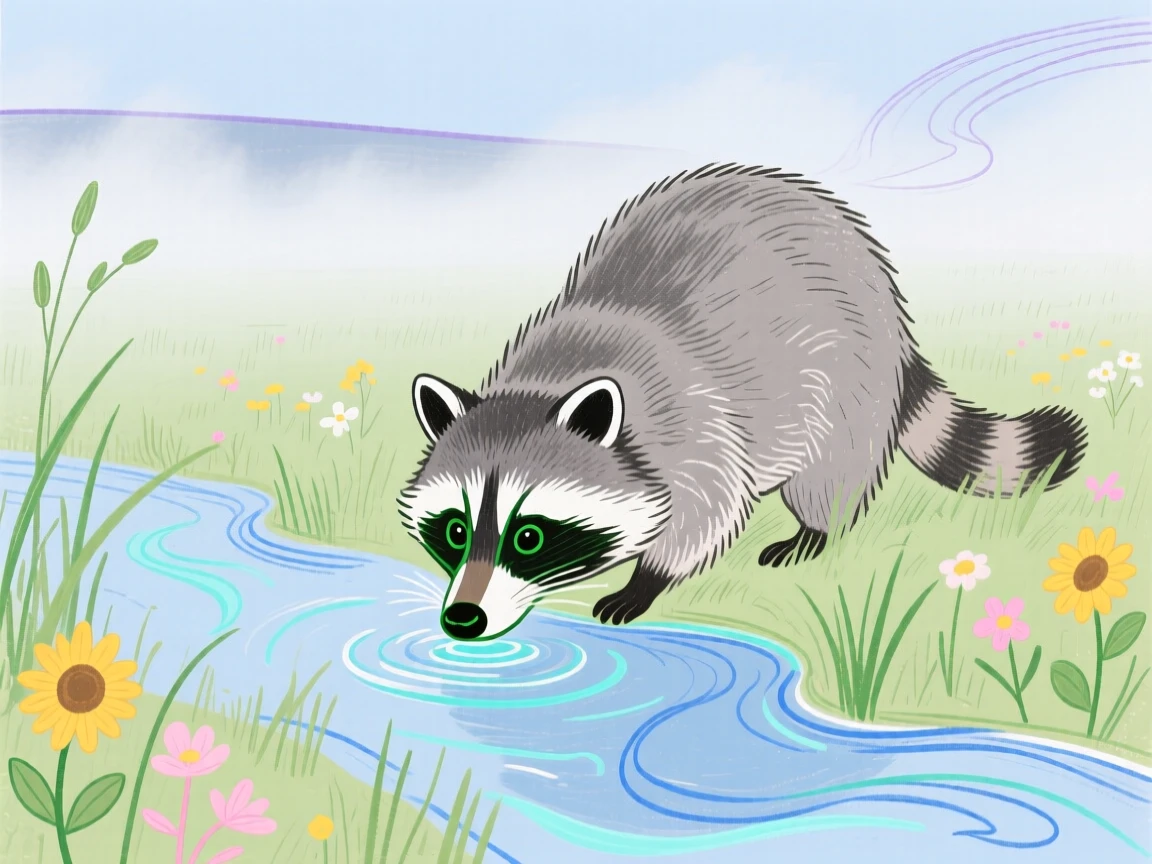 A curious raccoon drinking from a stream in a misty morning field in early spring.