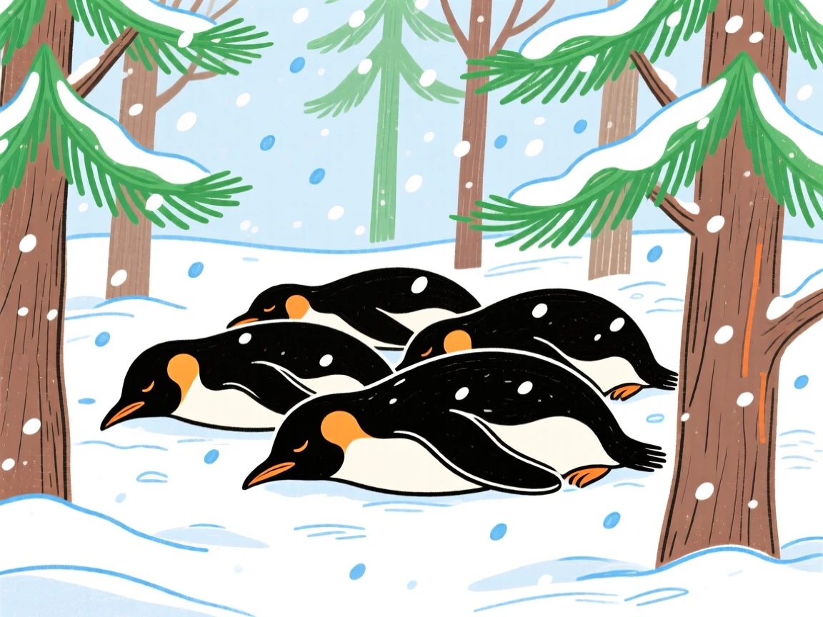 A group of penguins napping in a snowy pine forest during a light snowfall.