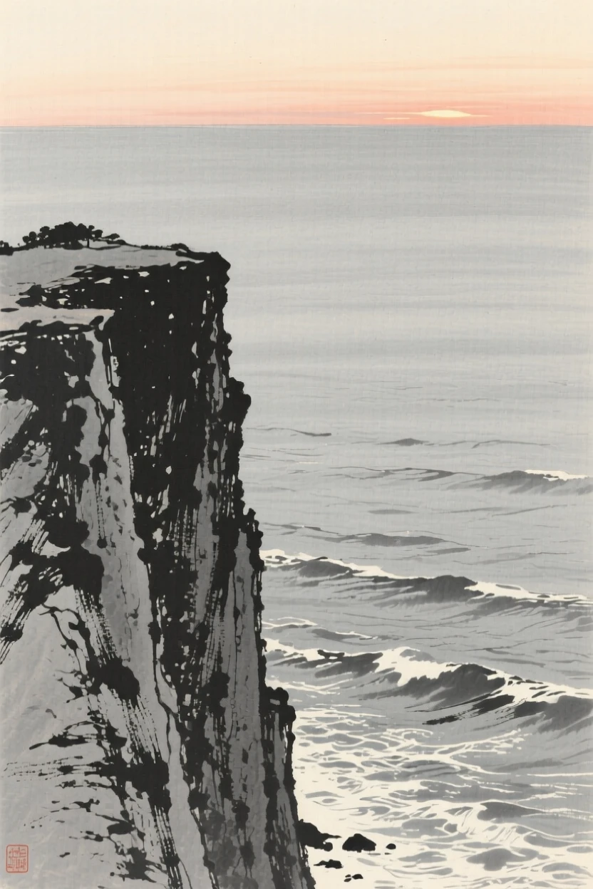 A high cliff overlook facing an endless expanse of ocean with the last light of dusk catching the water's surface, viewed from a high vantage point looking down across the whole scene, conveying calm reflection and gentle isolation.