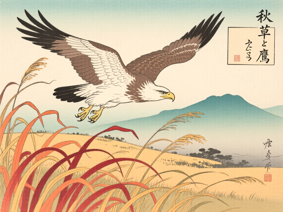 A soaring eagle prowling through tall autumn grass.