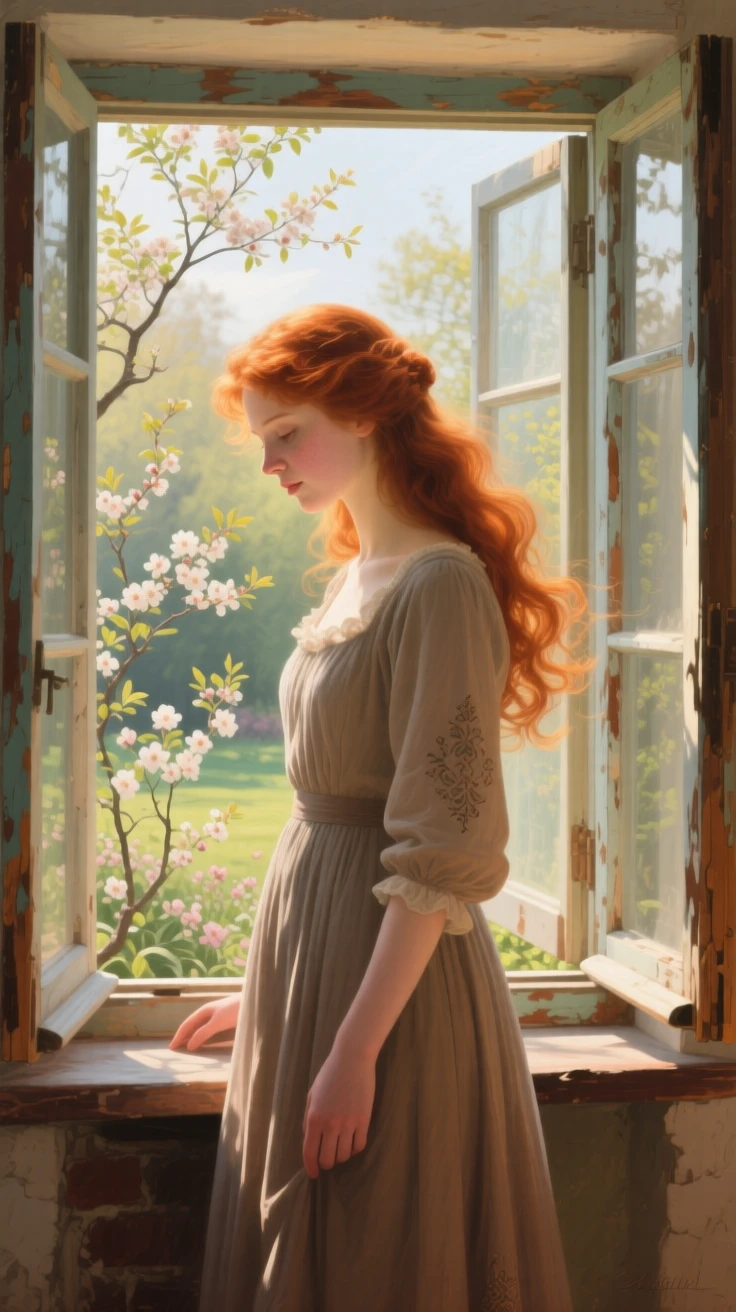 A balanced composition of a young woman with flowing auburn hair standing by an open window, in late spring, in bright warm sunshine.
