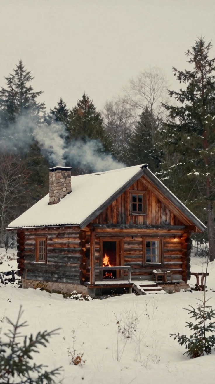 A cozy cabin with smoke curling from its chimney in falling snow, under a pale winter sky, amid gently falling snow, in winter, with muted olive and rust colors, from a slightly elevated vantage point.