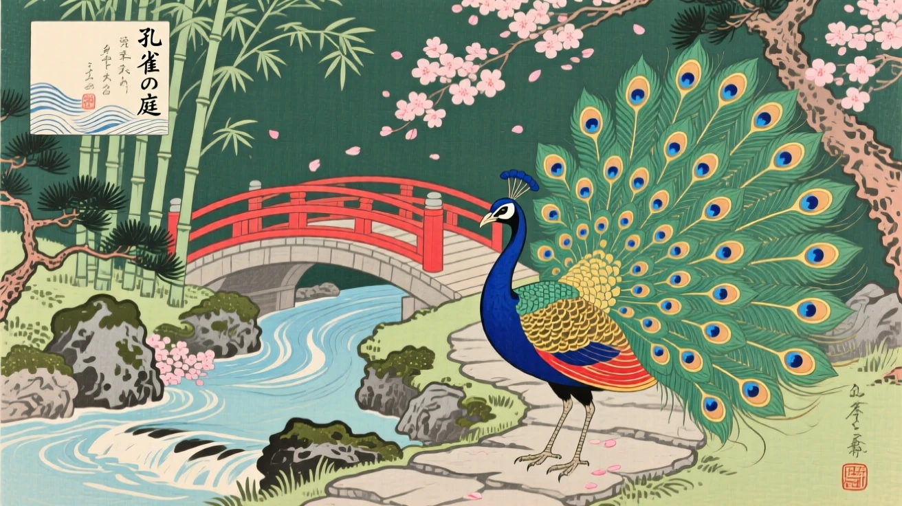 A peacock displaying vivid tail feathers in a garden.