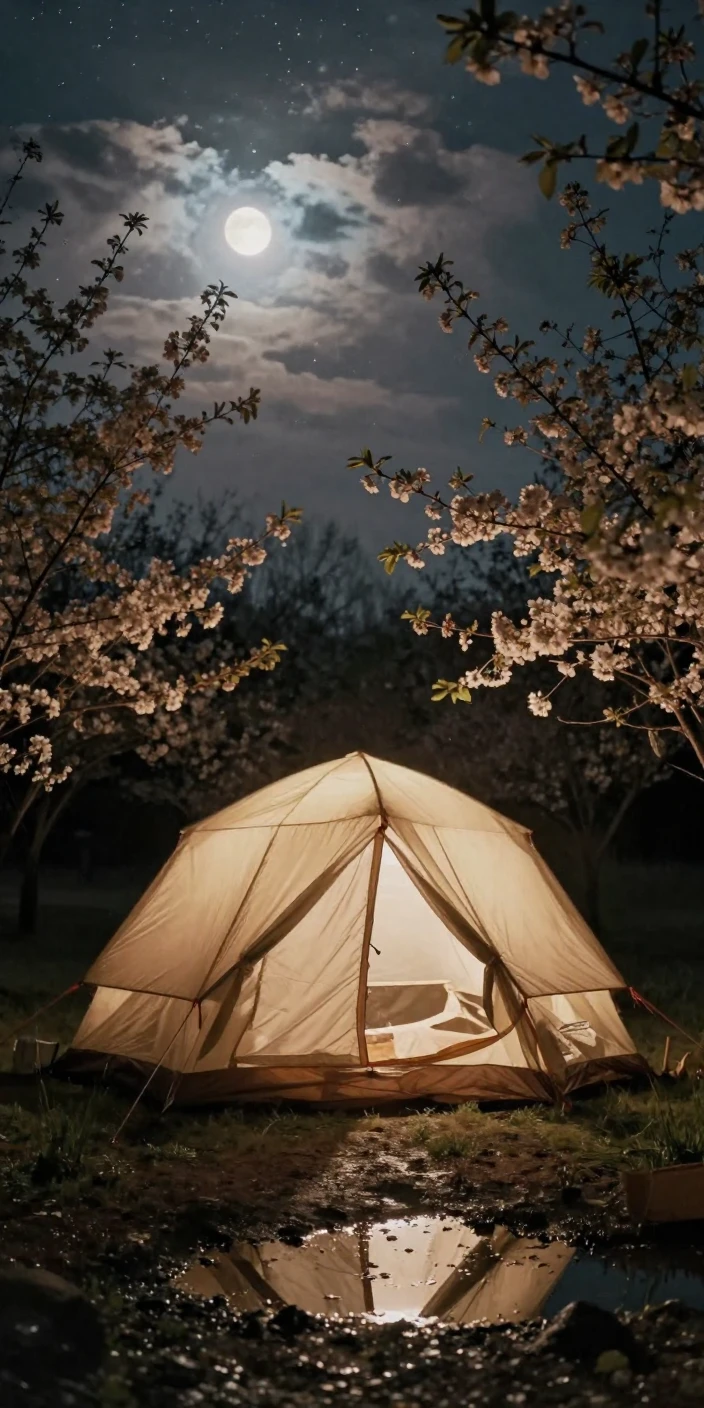 A starlit campsite glowing from within a canvas tent, under moonlight, just after a rain shower, with puddles reflecting the sky, as spring blossoms unfurl, with a soft sepia-tinted glow, at eye level, intimate and direct.