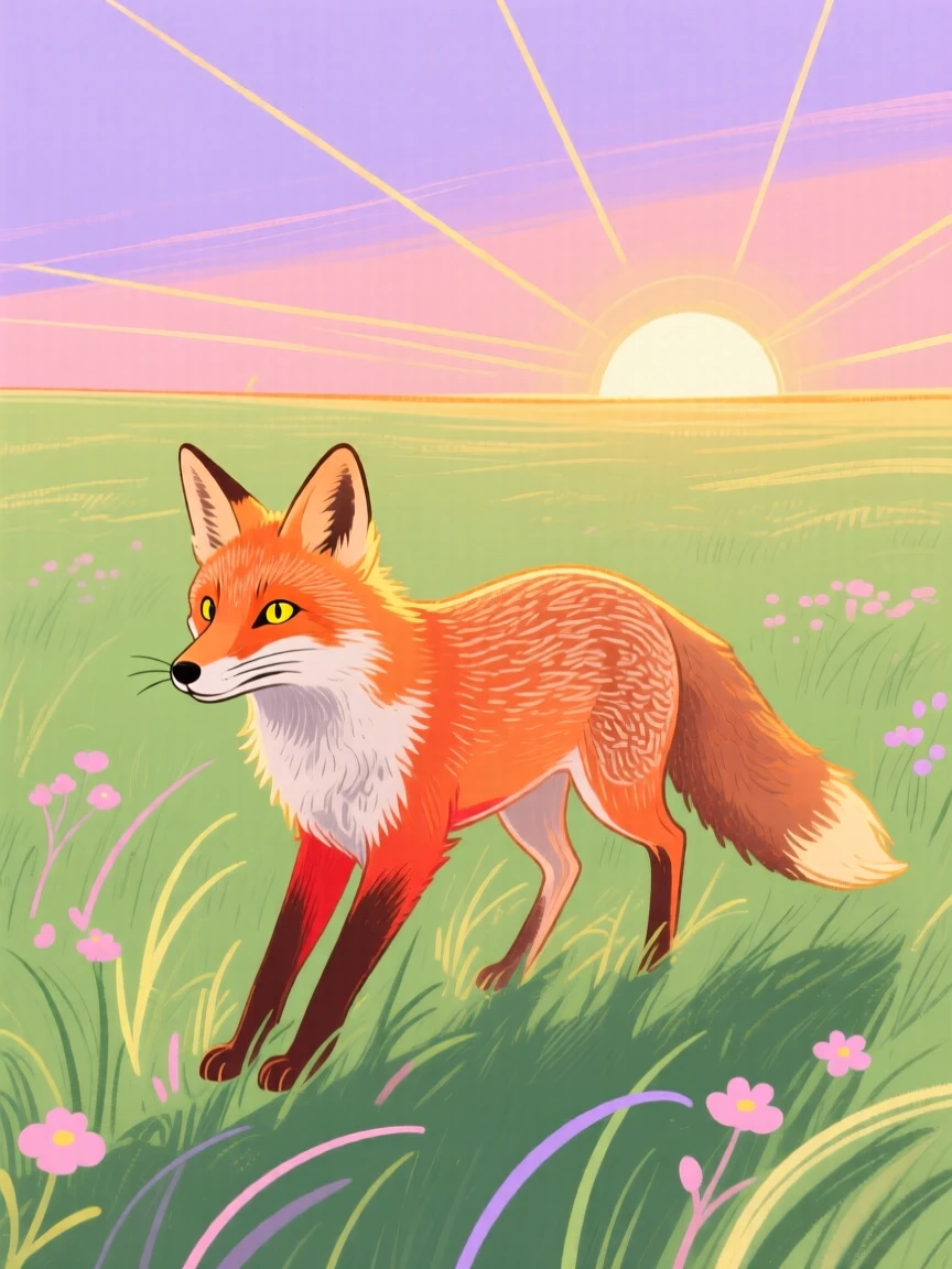 A curious fox exploring in a sunlit meadow at sunset.