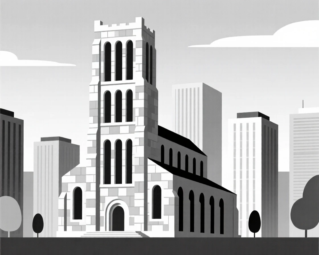 A stone cathedral, striking and prominent, stands in a modern city skyline, surrounded by rows of arched windows, expressing modern clarity.