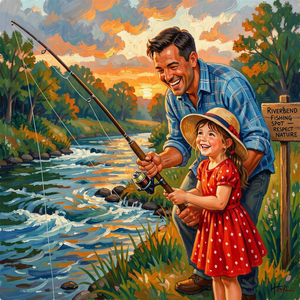 A father teaching his daughter to fish, both grinning as the line pulls taut.