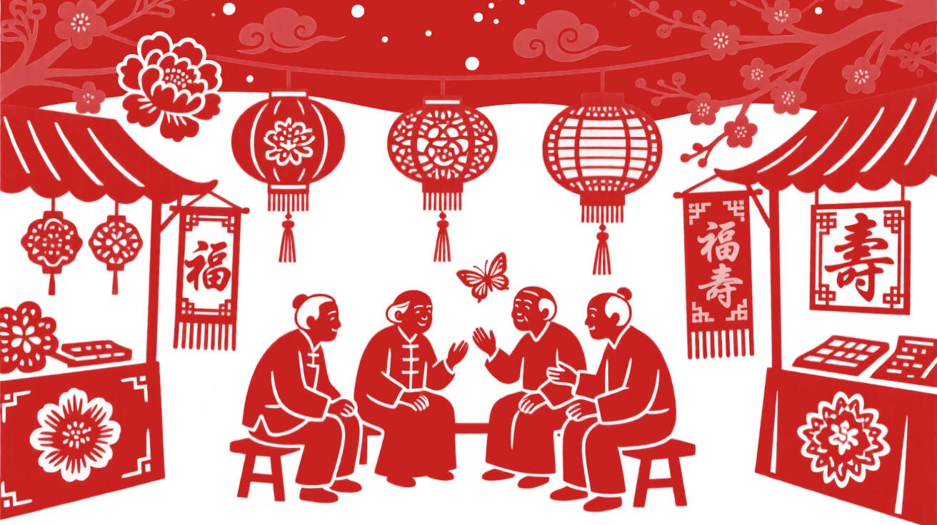 A scene of a lantern-lit night market, as elders share stories of festivals long past, with banners embroidered with characters of good fortune.