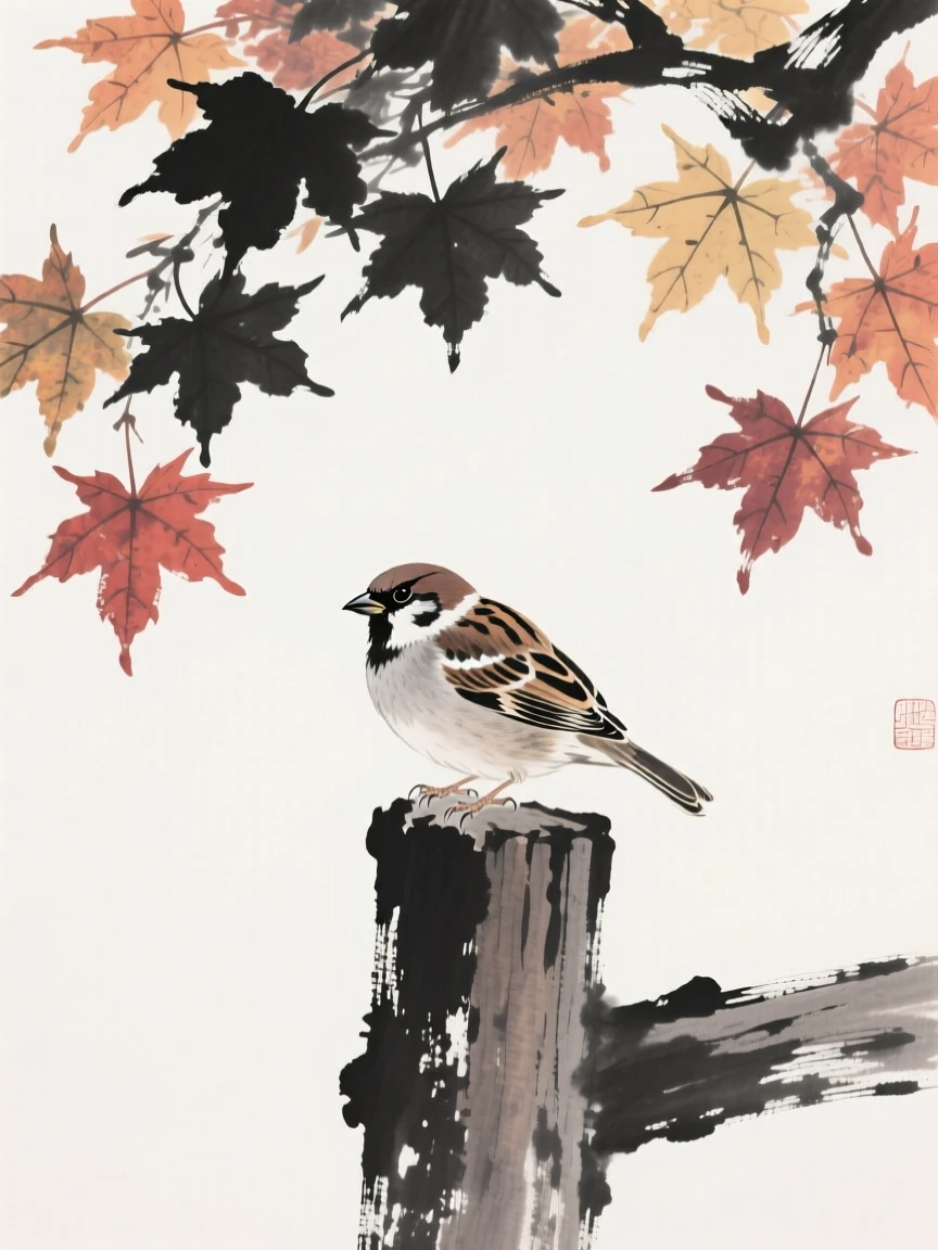 A sparrow resting on a weathered wooden post beneath a canopy of autumn maple leaves, seen up close with delicate feather detail, capturing a fleeting moment of natural beauty.