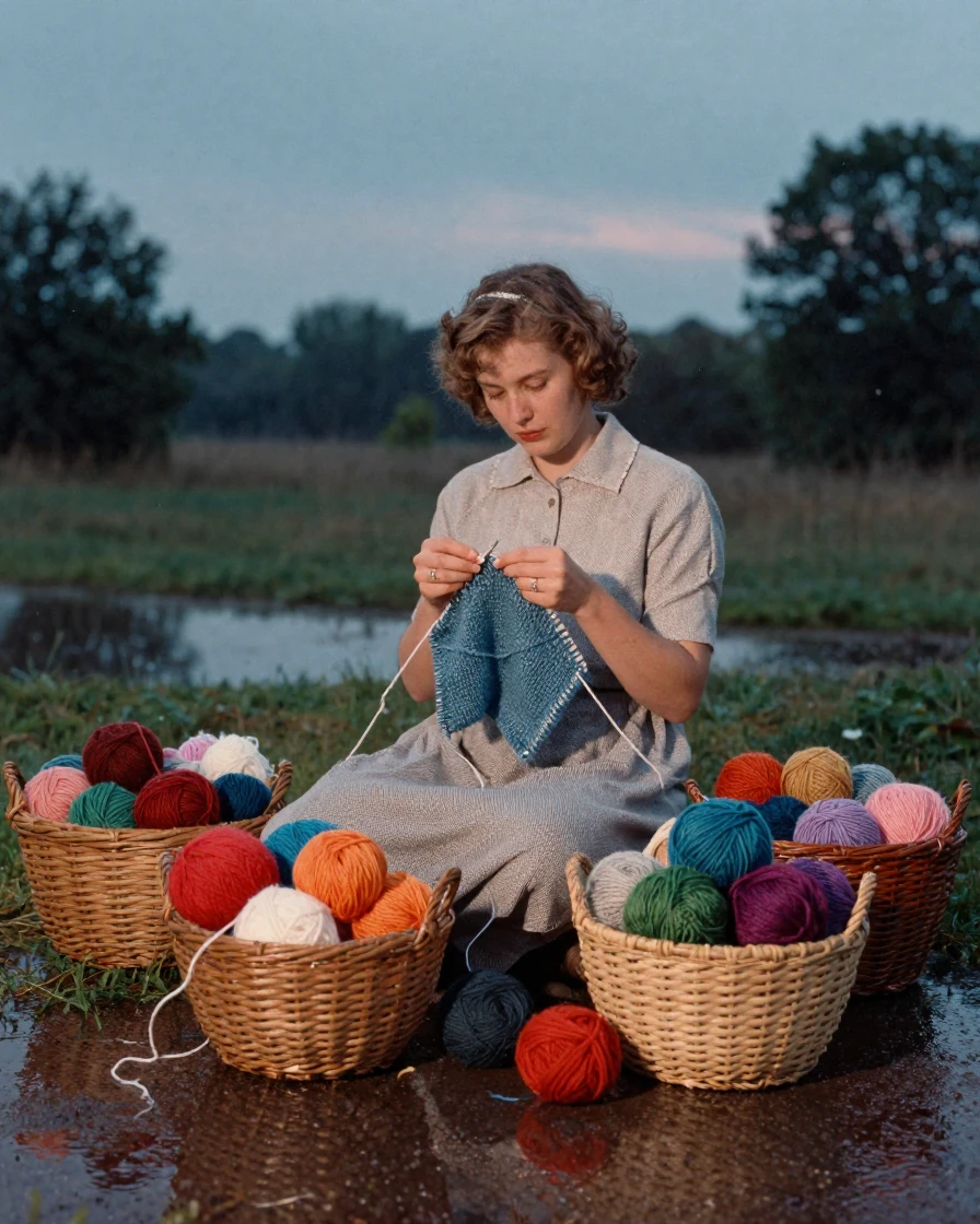 A knitter surrounded by baskets of colorful yarn, in cool blue twilight, just after a rain shower, with puddles reflecting the sky, during the long days of summer, with a soft sepia-tinted glow, captured from a low angle looking up.