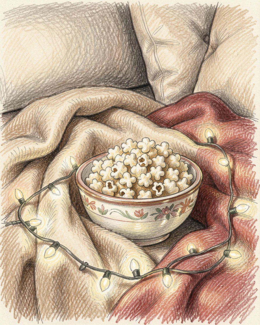 A cozy movie night set up with blankets, popcorn, and fairy lights, with delicate details that reward a closer look, evoking warmth, beauty, and a lasting sense of wonder.
