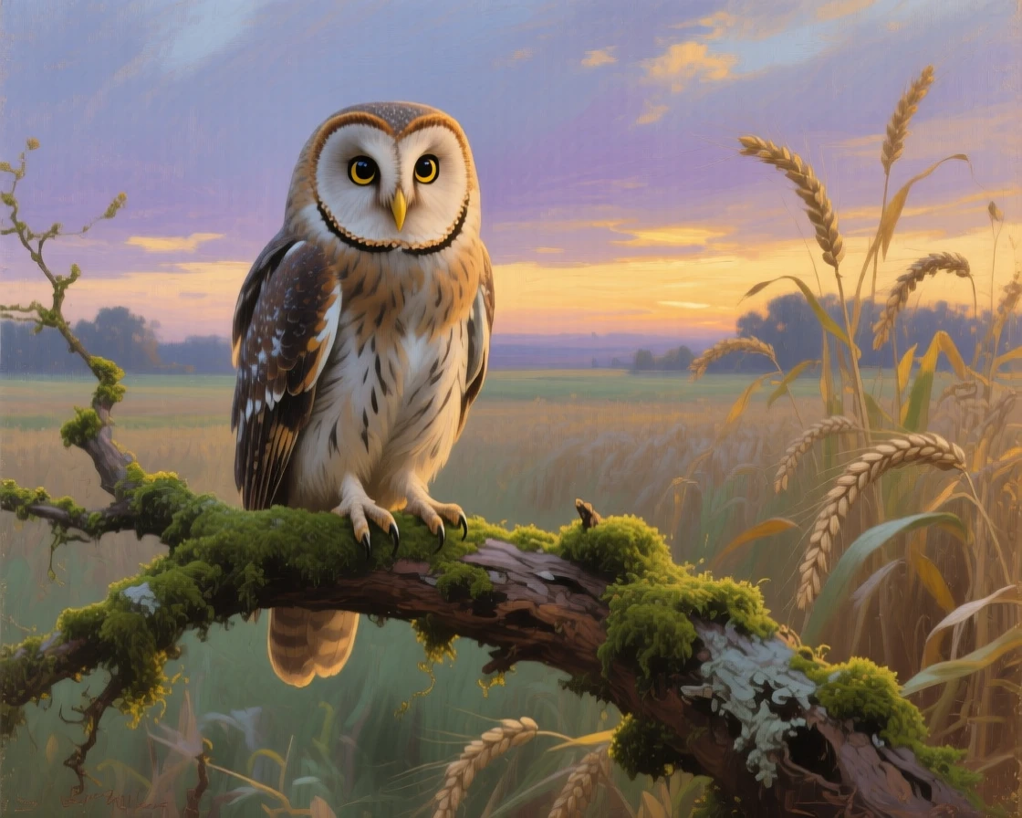 A centered composition of a curious owl perched on a moss-covered branch at dusk, during the summer harvest, at dusk.