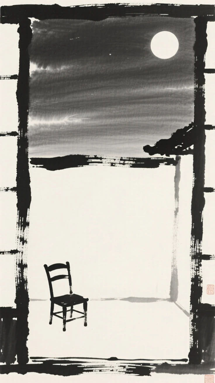 A quiet moonlit courtyard with a single chair beneath a wide and silent sky, framed minimally, letting emptiness carry the mood, conveying a poetic sense of calm and reflection.