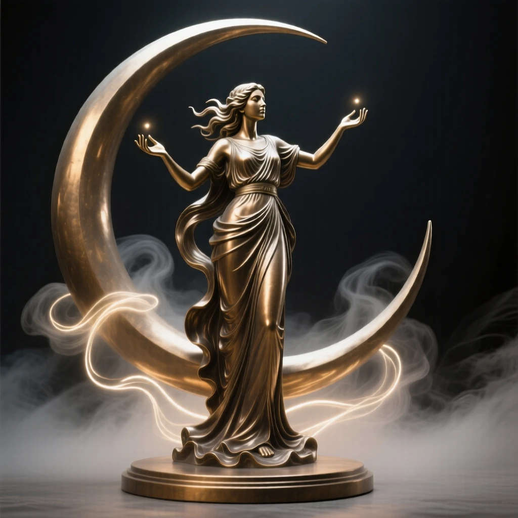 A moon goddess standing atop a crescent moon, surrounded by swirling mist and light, radiating awe and grandeur