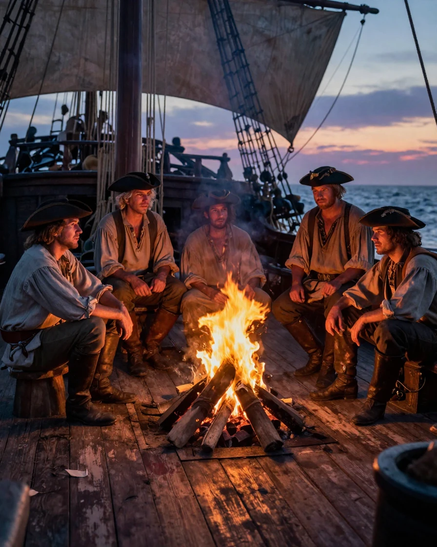 A crew aboard an old world galleon gathered around a crackling evening fire