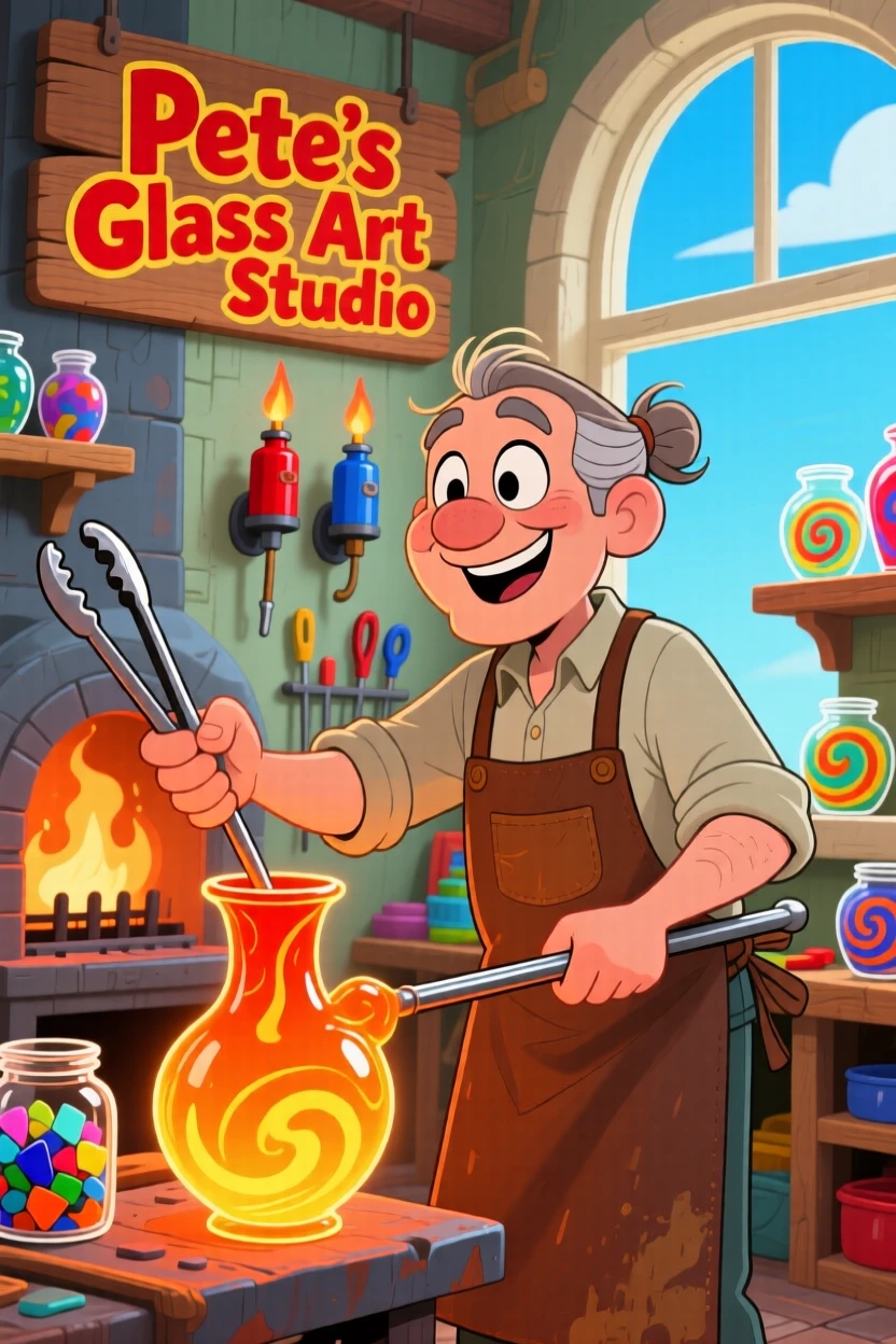 A glassblower shaping a glowing vase in a workshop.