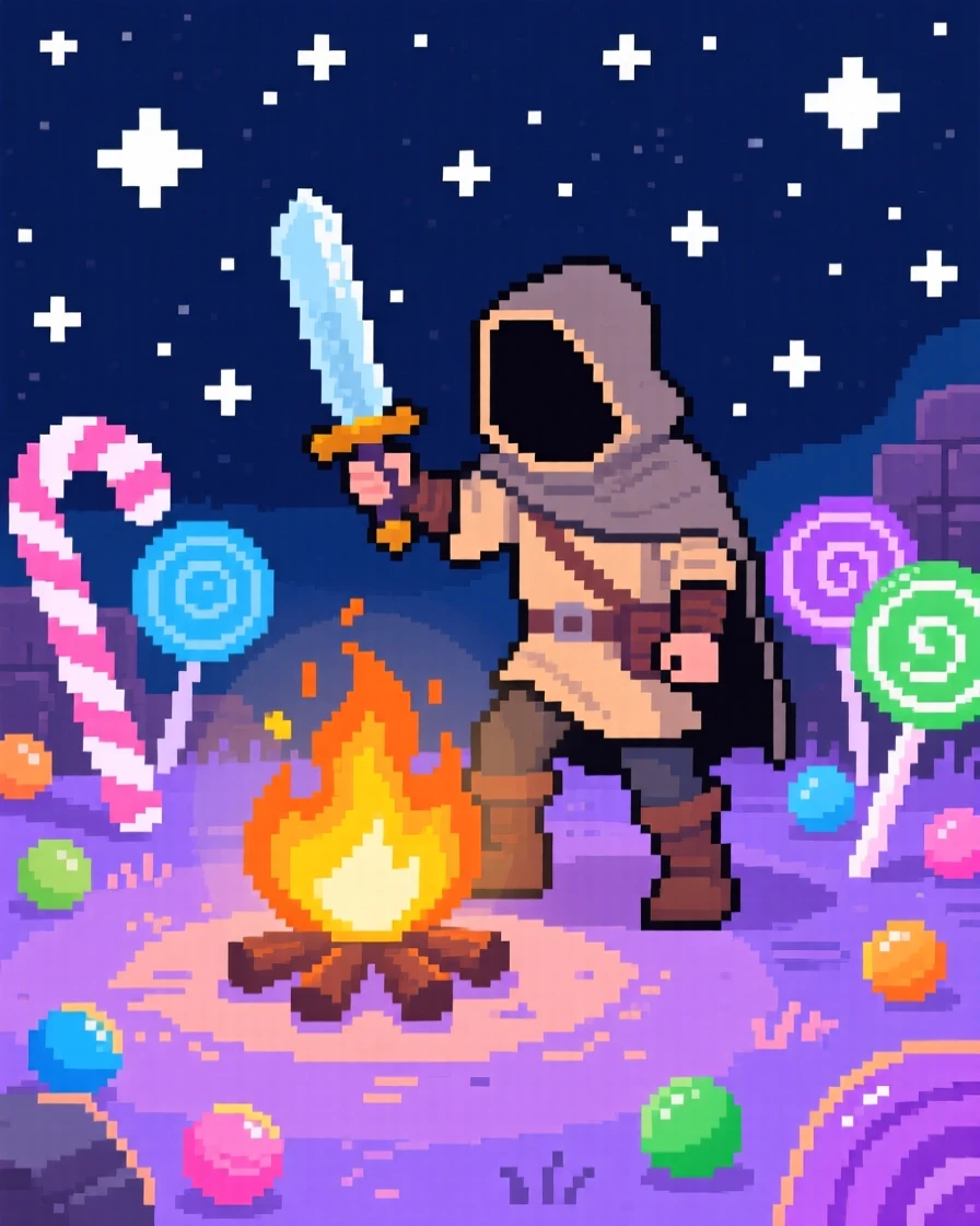 A dungeon explorer leveling up beside a campfire under starlight, inside a candy-colored bonus level.