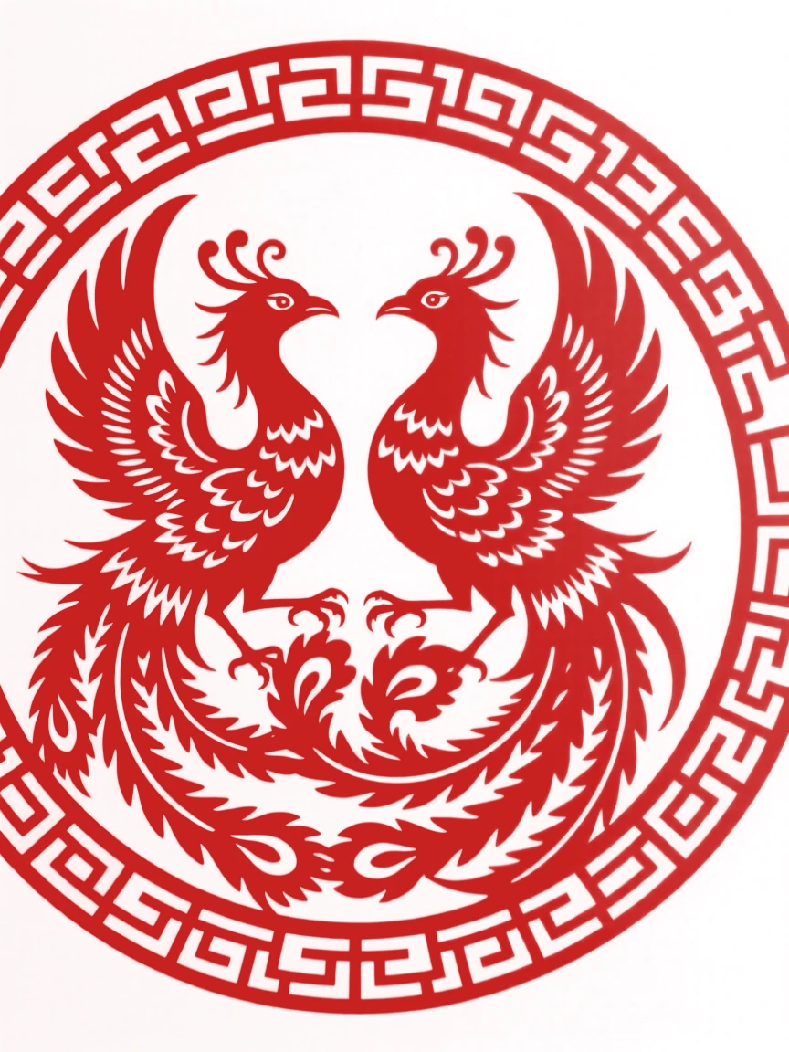 A design of a radial mandala featuring confronting phoenixes with intertwined tails, bordered by a fine repeating key-fret pattern.