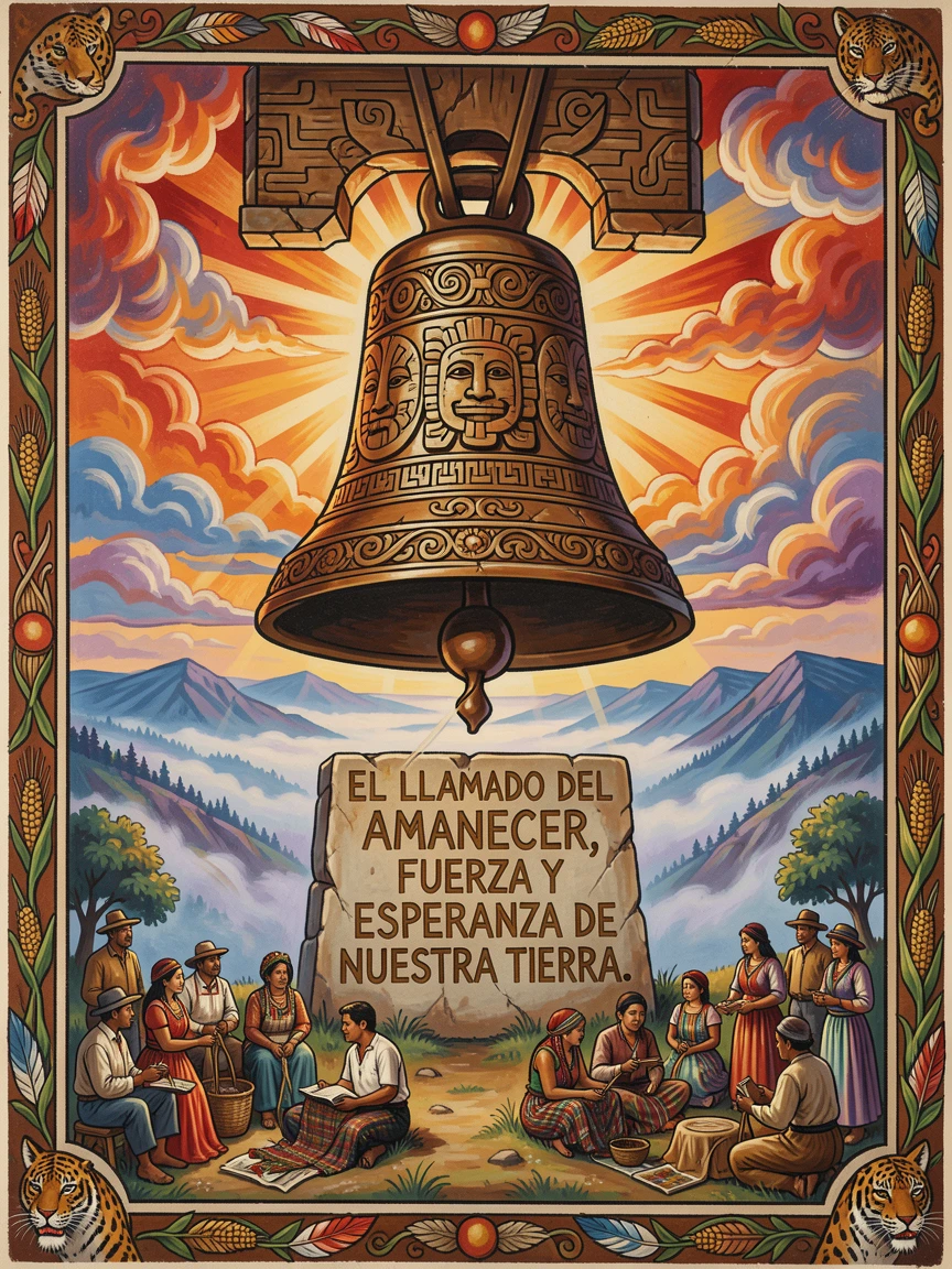 A temple bell ringing at dawn over a misty valley