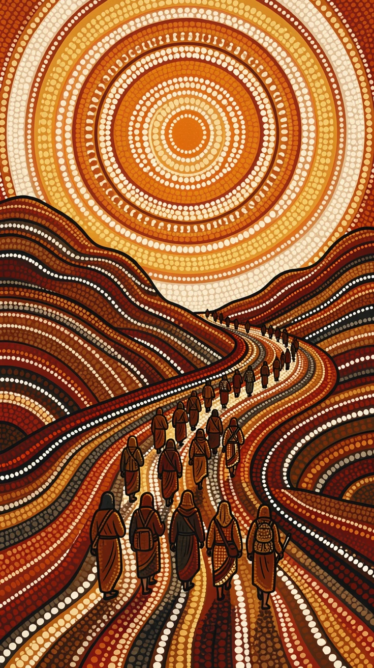 Pilgrims walking a mountain trail at dawn