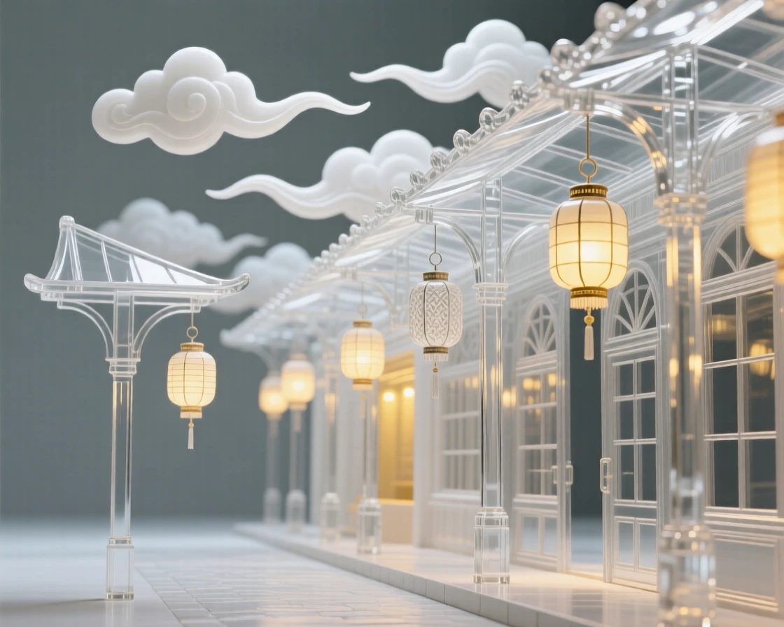 A covered market street lined with hanging lanterns, beneath a sky filled with soft, drifting clouds