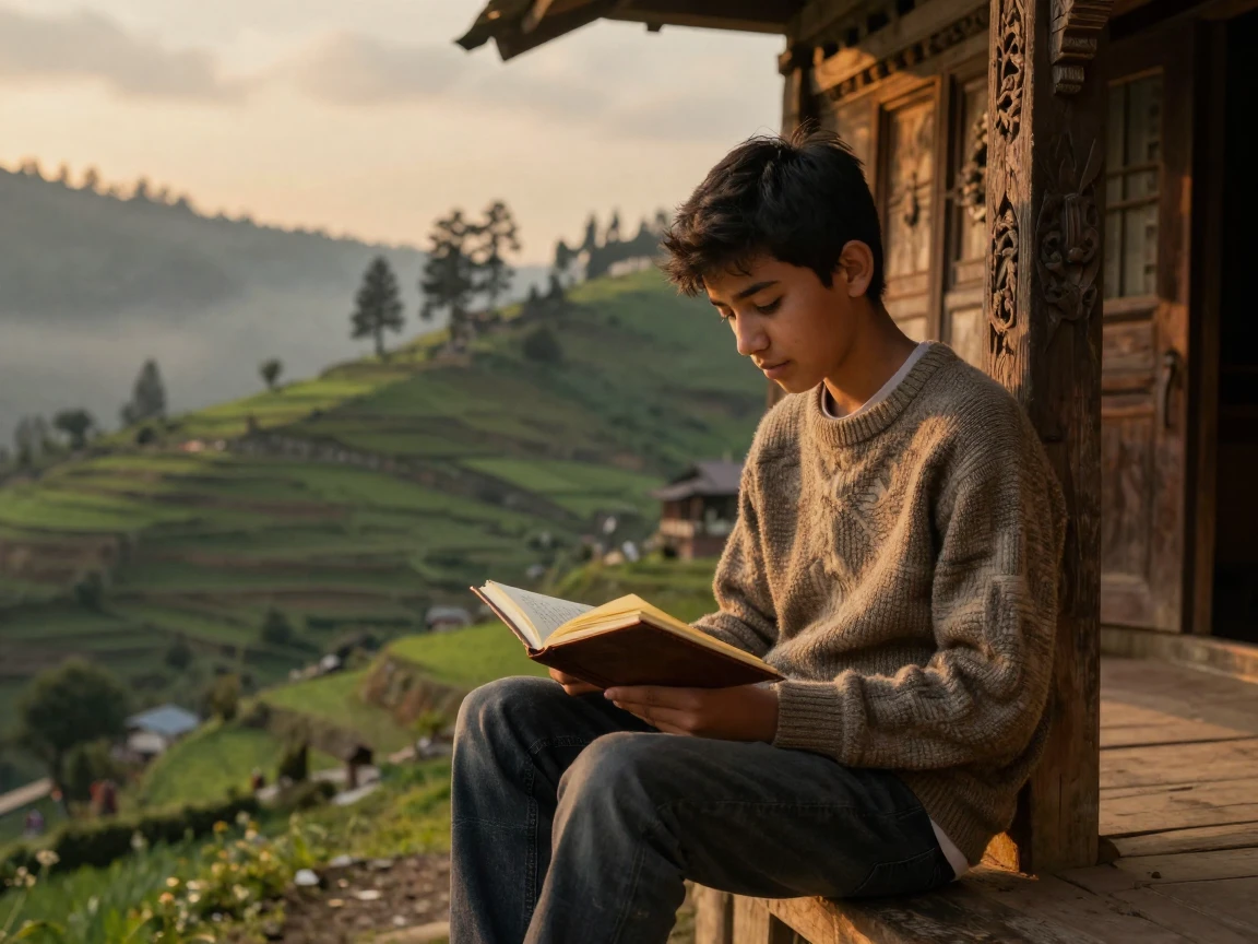A teenage Nepali poet humming a gentle tune while working on a wooden porch overlooking rolling hills