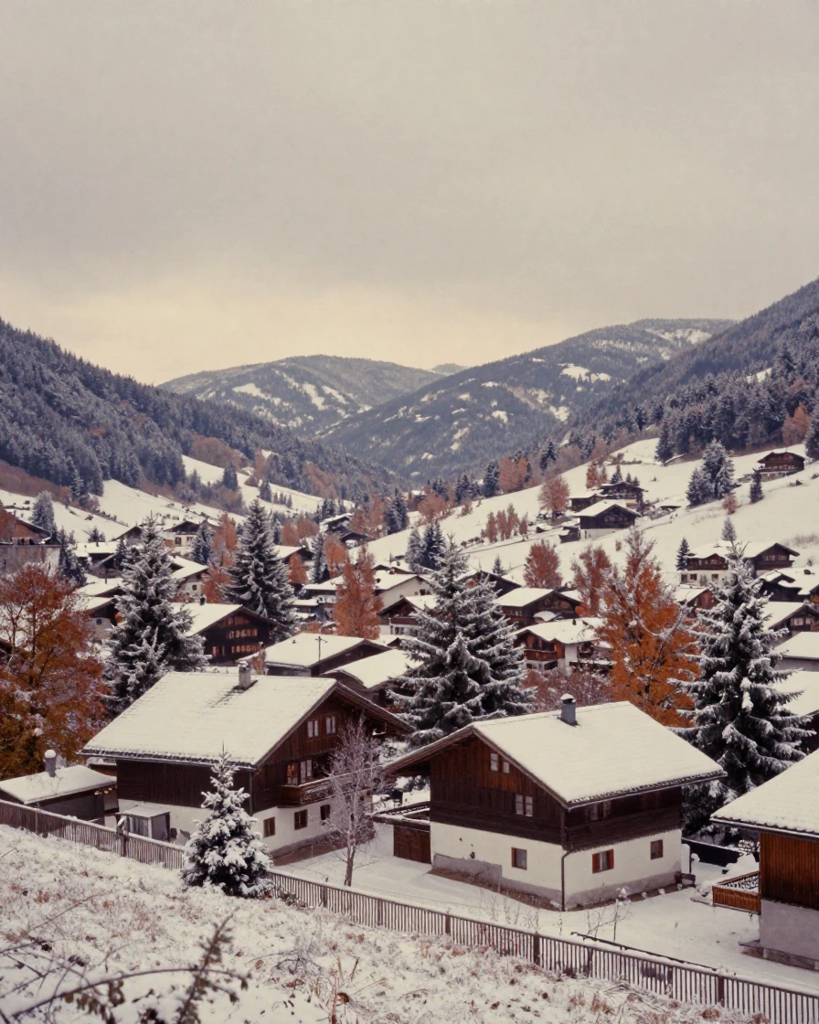A small alpine village dusted with fresh snow, under a pale winter sky, in still, windless air, as summer fades into fall, with muted olive and rust colors, from behind, looking toward the horizon.
