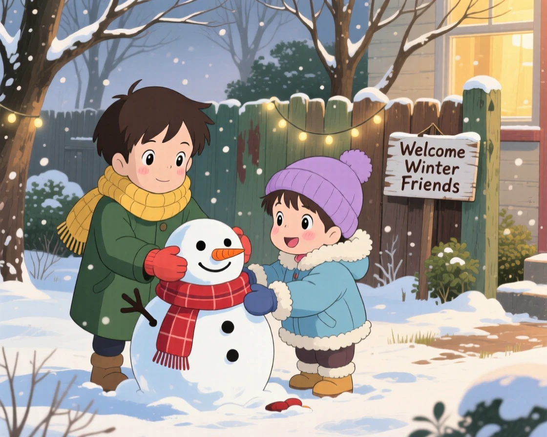 Siblings building a snowman together in the front yard, the scene tender and warm.