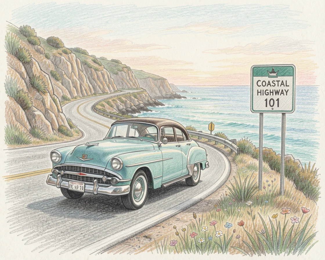 A road trip scene with a vintage car winding along a coastal highway, with delicate details that reward a closer look, perfect for anyone drawn to gentle, heartfelt imagery.