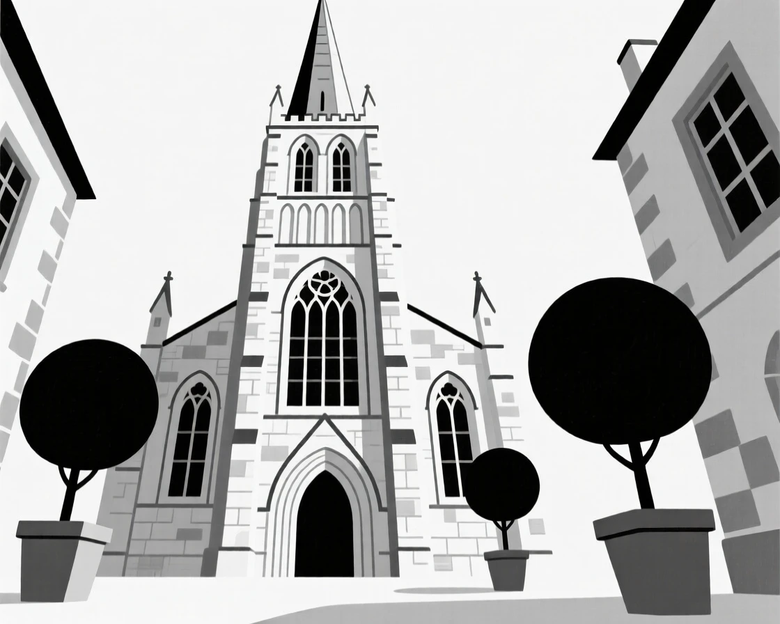 A view looking up at a stone cathedral from a historic old town, with potted topiary trees in frame, evoking modern clarity.