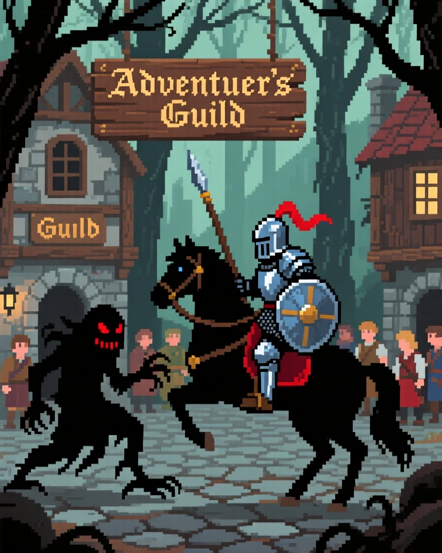 A mounted knight battling a shadow creature in a haunted forest, in a bustling adventurer's guild town.