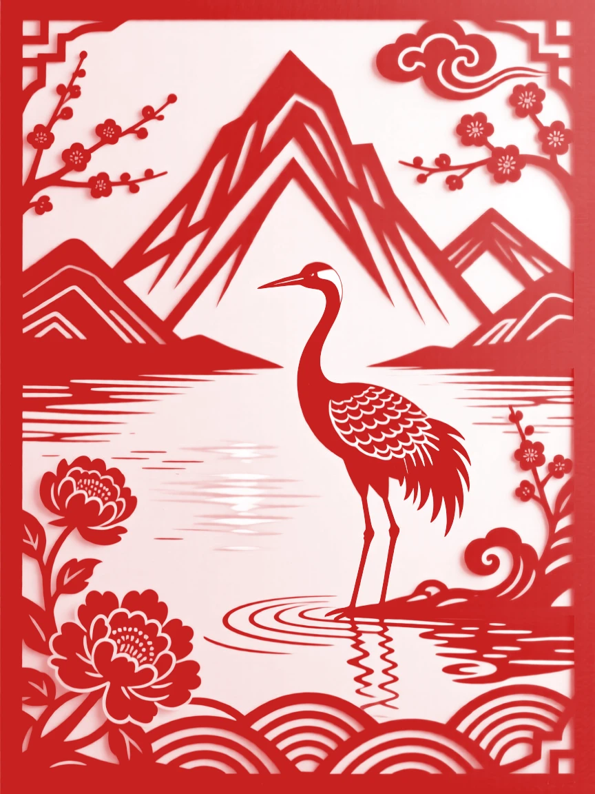 A composition of a lone crane beside a still mountain lake, the last light of day catching the water's surface.