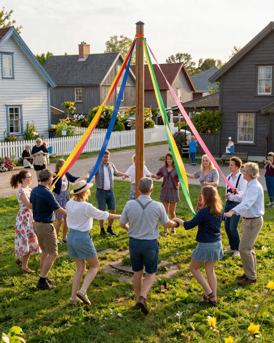 A village gathers around a maypole, weaving colorful ribbons in a circular dance.