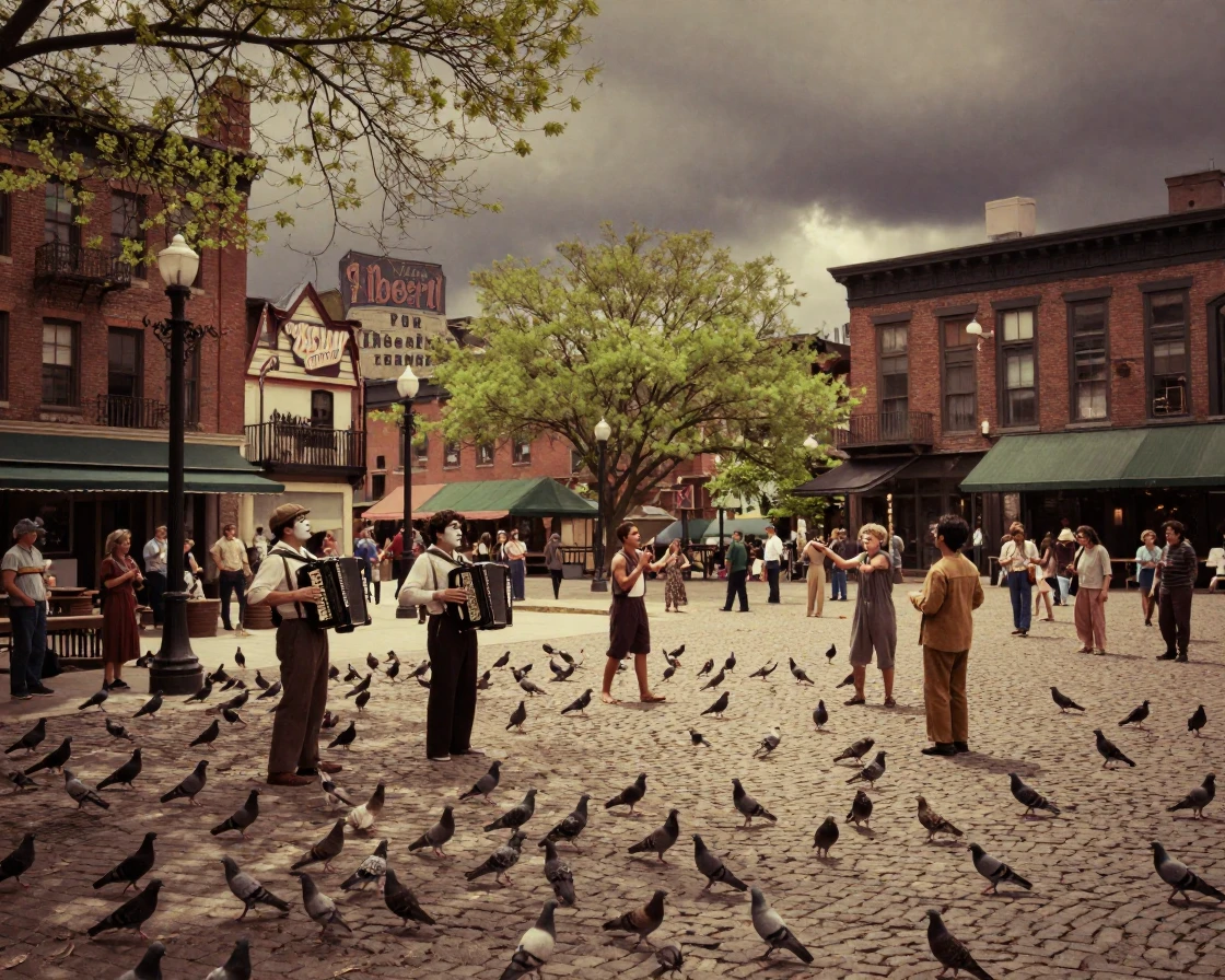 A bustling city square filled with pigeons and street performers, in dappled light filtering through leaves, under a darkening storm sky, in early spring, dominated by warm amber and rust tones, shot from directly overhead.