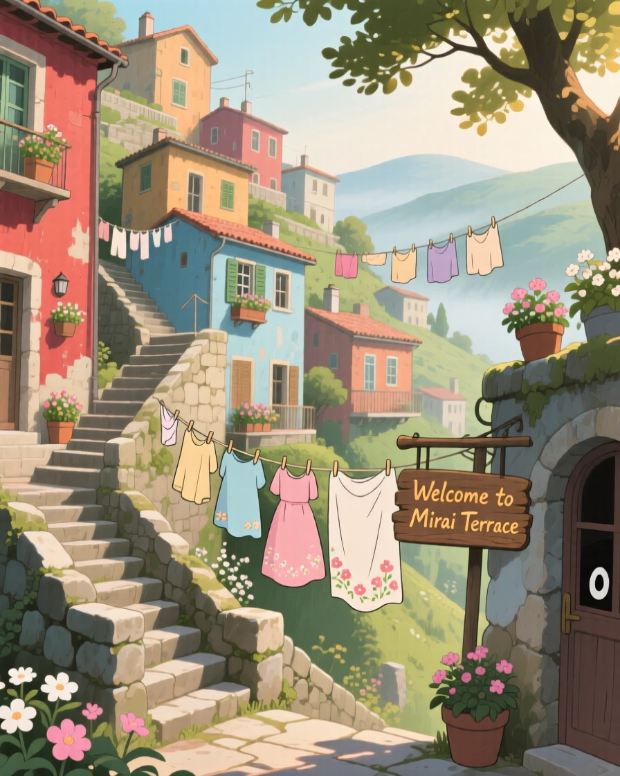 A scenic view of a terraced hillside town connected by narrow stone stairways, with laundry strung between colorful buildings.