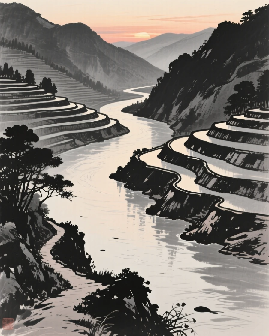 A winding river cutting through a deep, terraced valley with the last light of dusk catching the water's surface, captured from a narrow path winding into the depth of the scene, carrying a feeling of timeless peace and stillness.