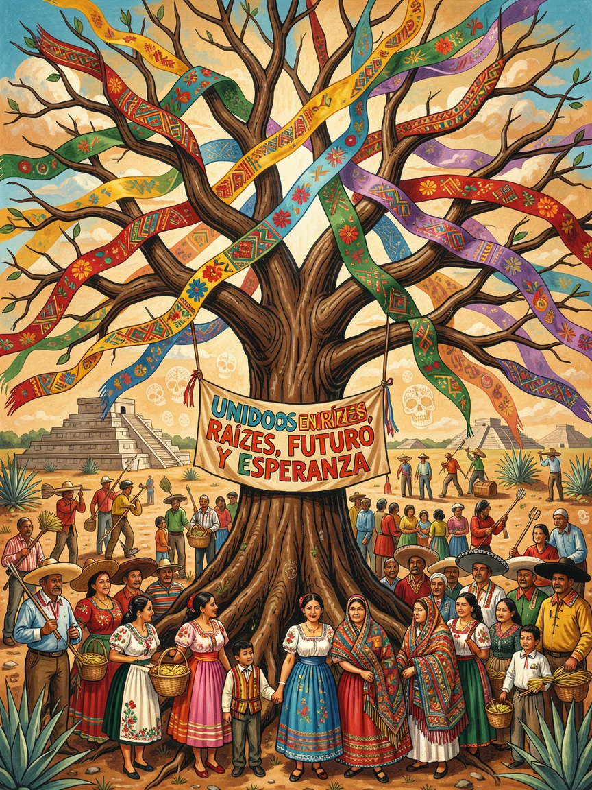 A sacred tree adorned with colorful prayer ribbons