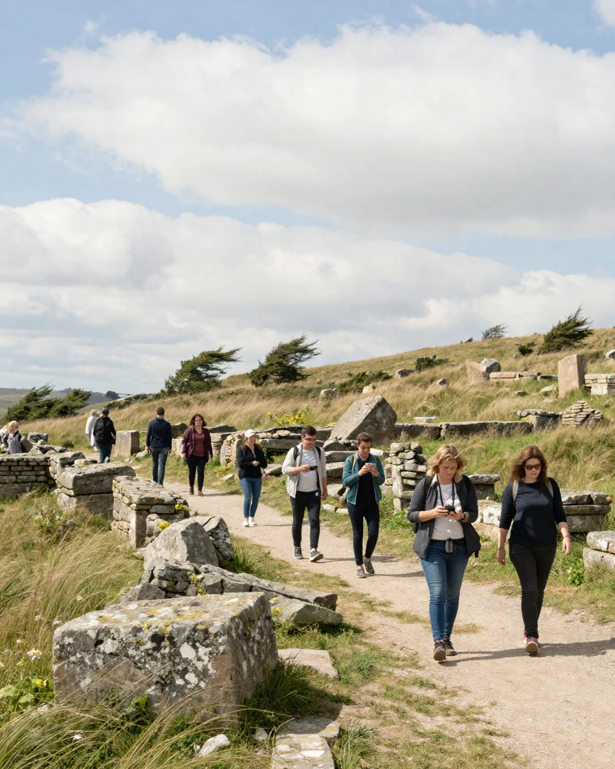 Visitors wander through a field of ancient stone ruins scattered across a windswept hillside.
