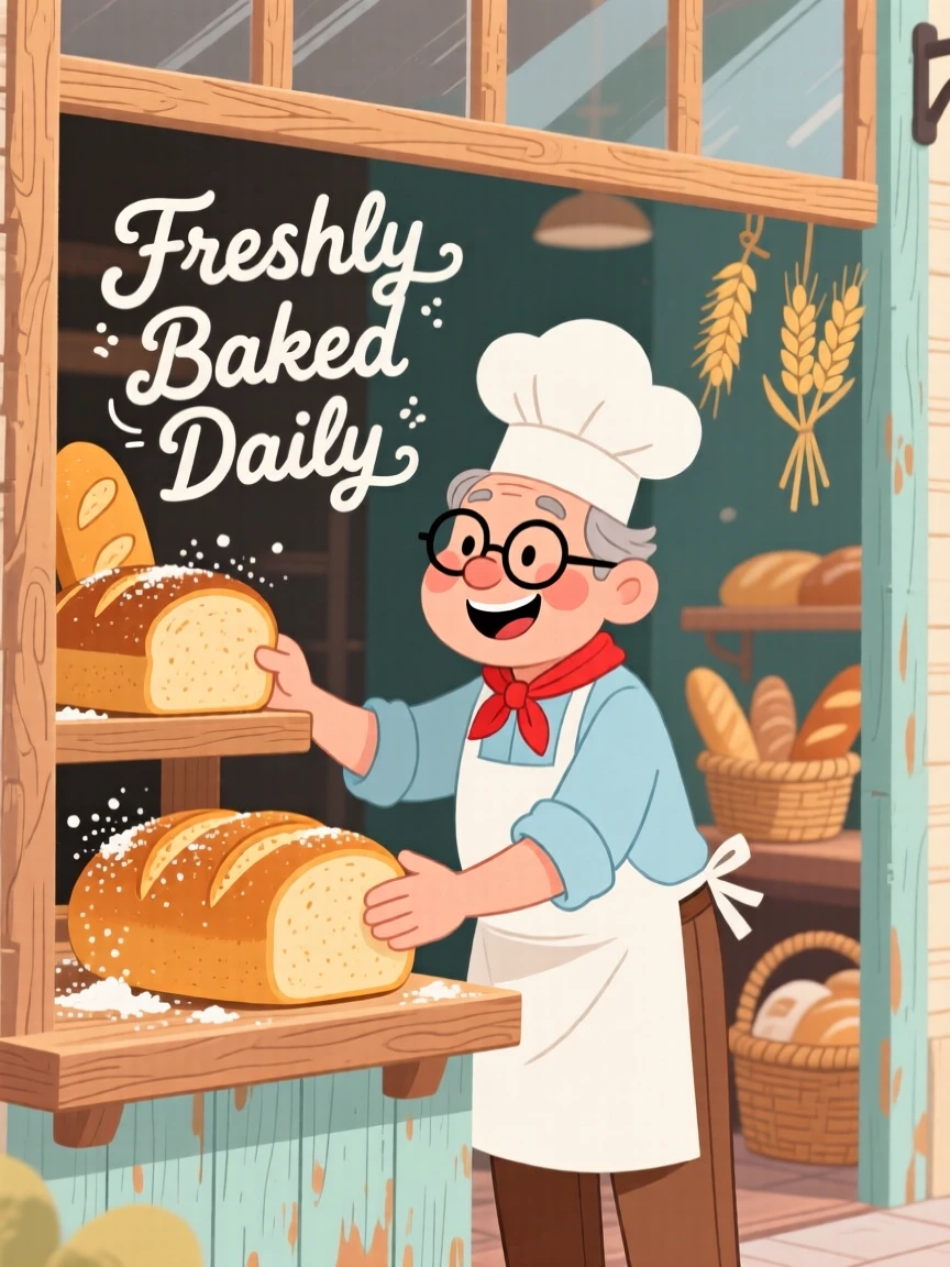 A baker arranging fresh loaves in a rustic bakery window.