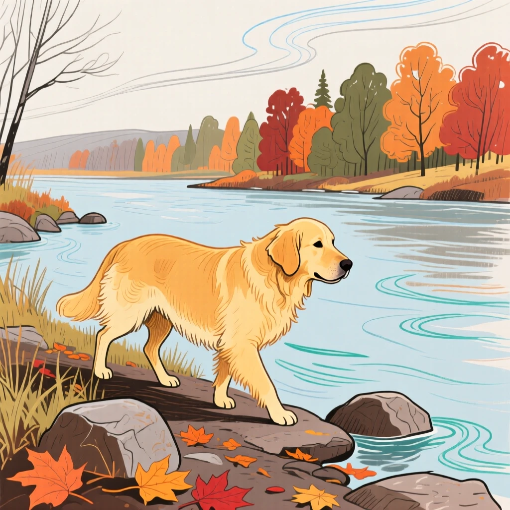 A golden retriever wandering along a quiet riverbank on a crisp autumn day.
