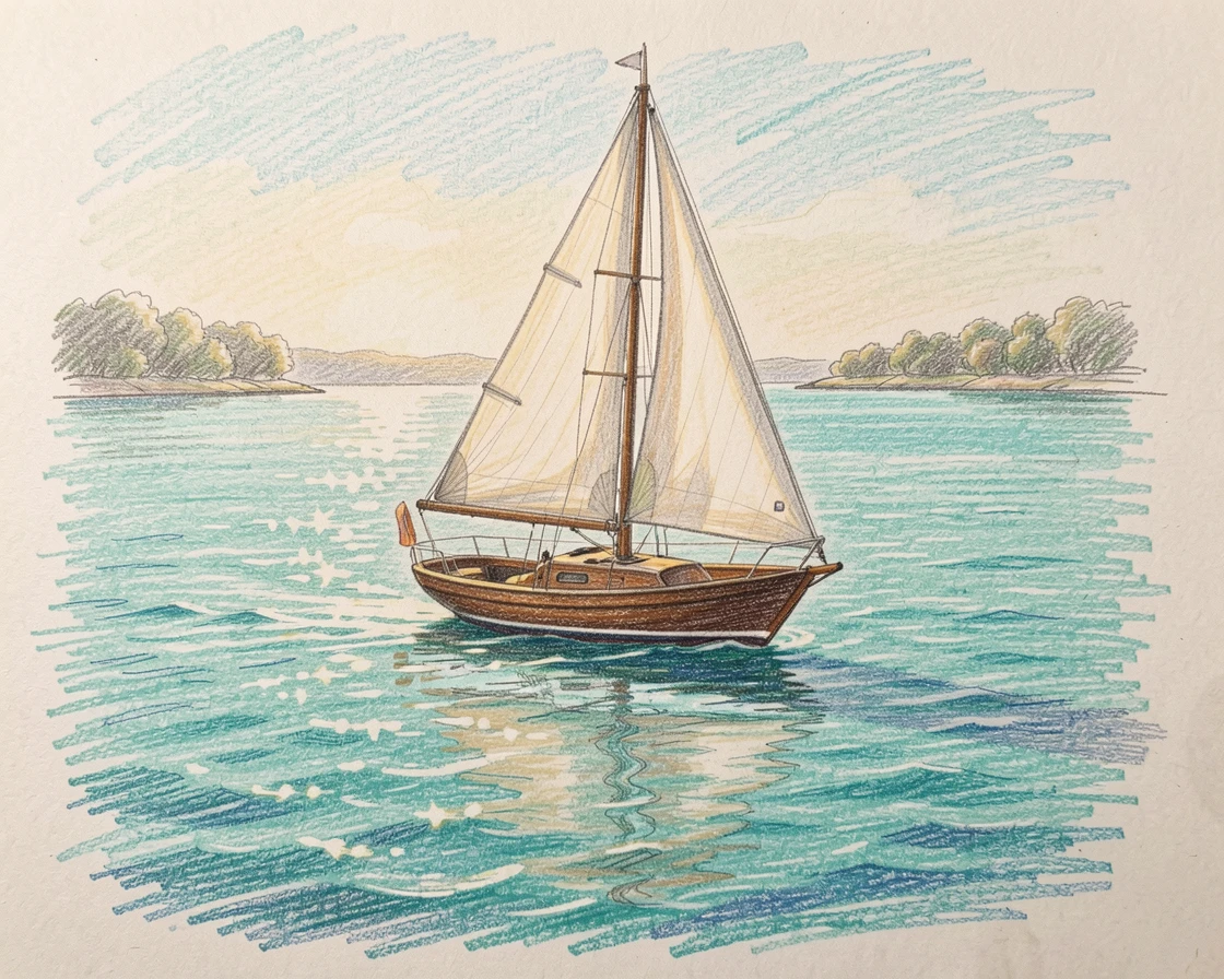 A sailboat gliding across a sparkling turquoise bay, with soft, natural light bringing warmth to every detail, capturing a quiet story that lingers with the viewer.