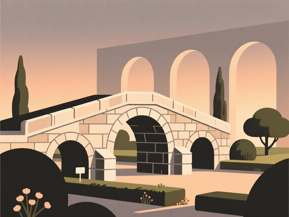 An old stone bridge, striking and prominent, stands in a peaceful monastery garden, surrounded by warm evening light, expressing architectural harmony.
