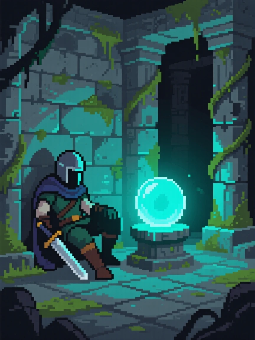 A pixelated hero resting at a save point glowing softly in the dark, inside an overgrown ancient temple.