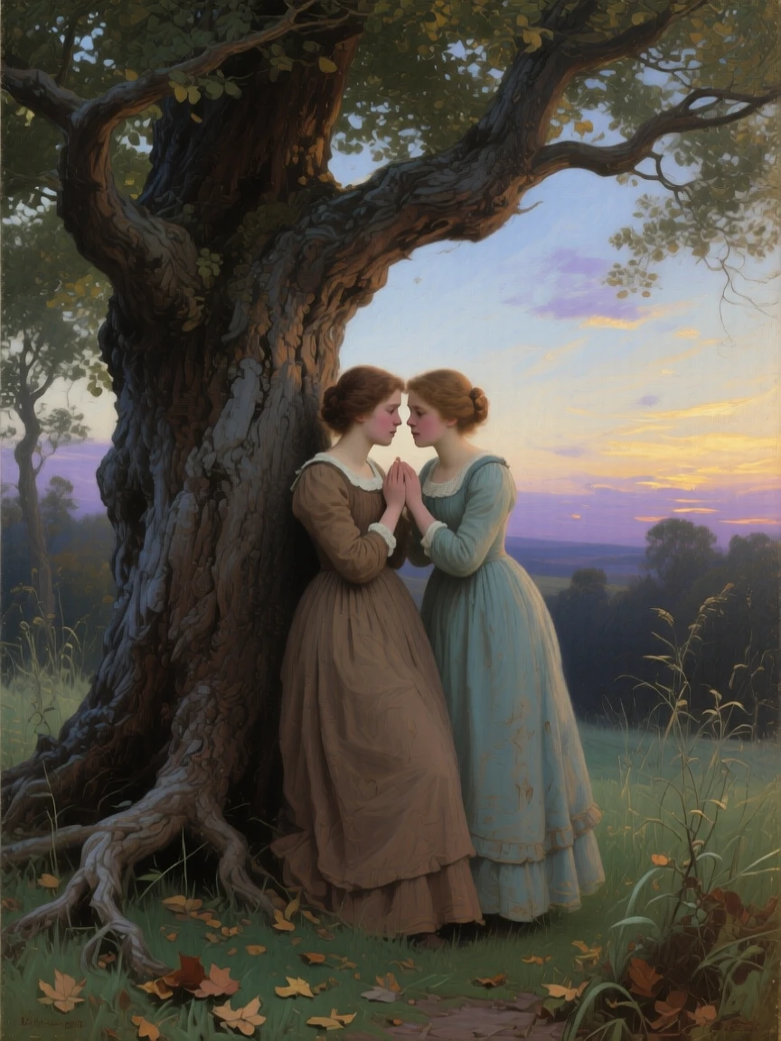 A well-framed scene of twin sisters sharing secrets under a large oak tree, in the early 19th century, at dusk.
