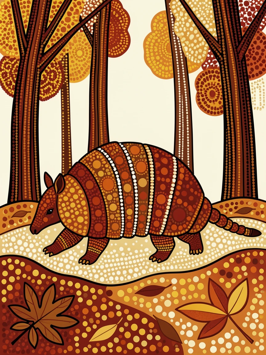 A armadillo wandering through an autumn woodland