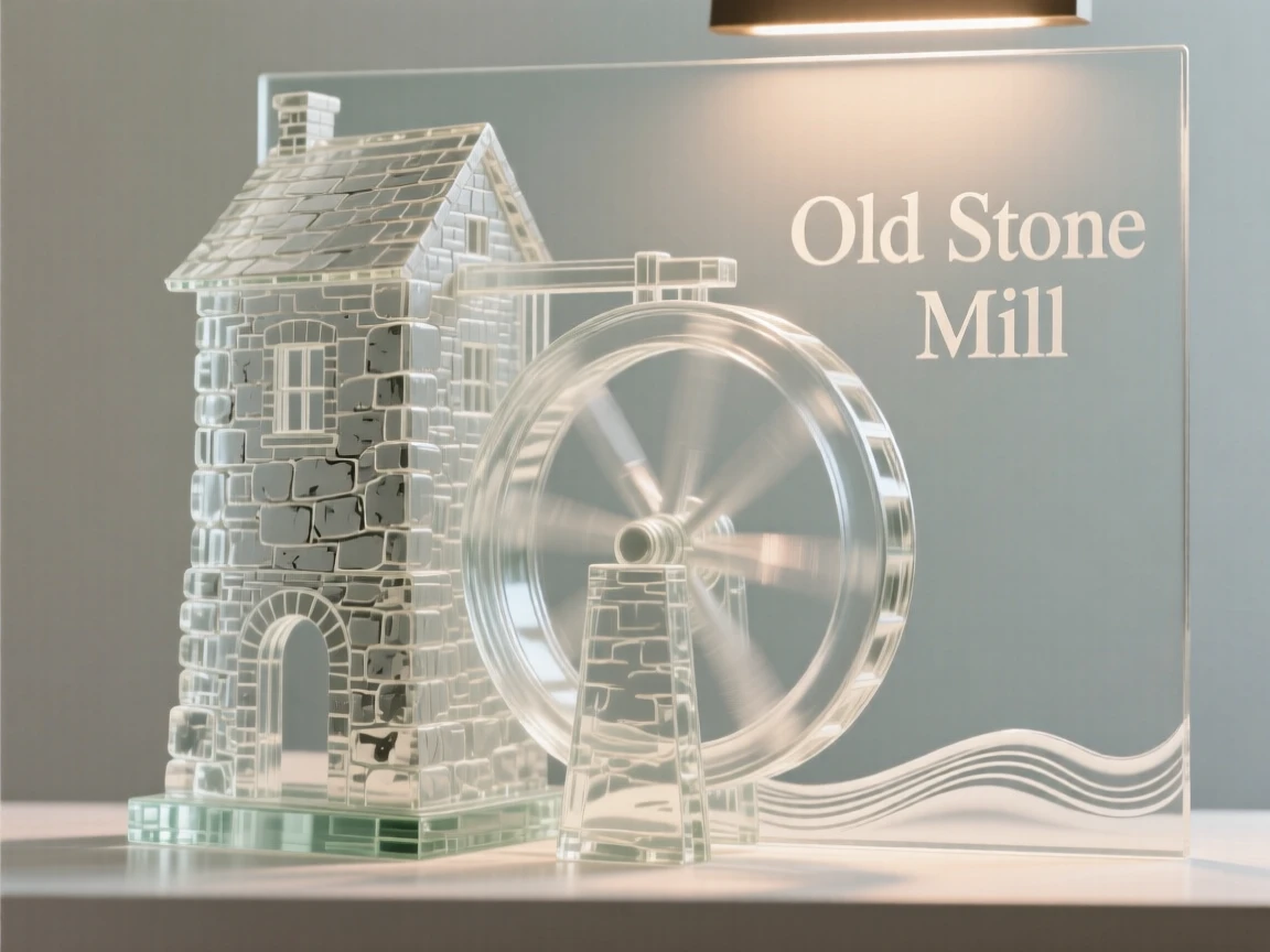 As lights begin to flicker on across the surrounding town, an old stone mill beside a slow-turning water wheel
