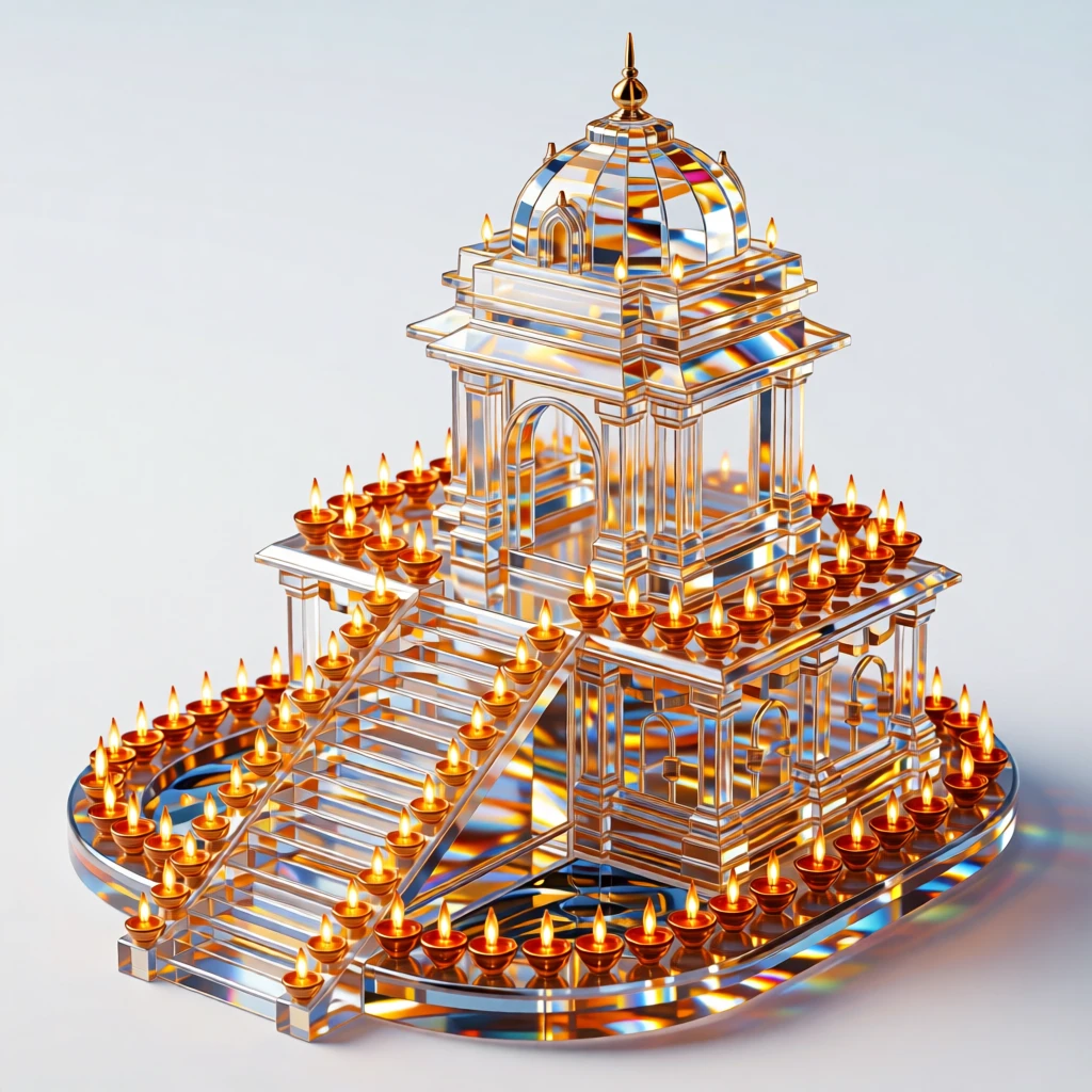 A Diwali celebration with thousands of glowing oil lamps lining a riverside temple.